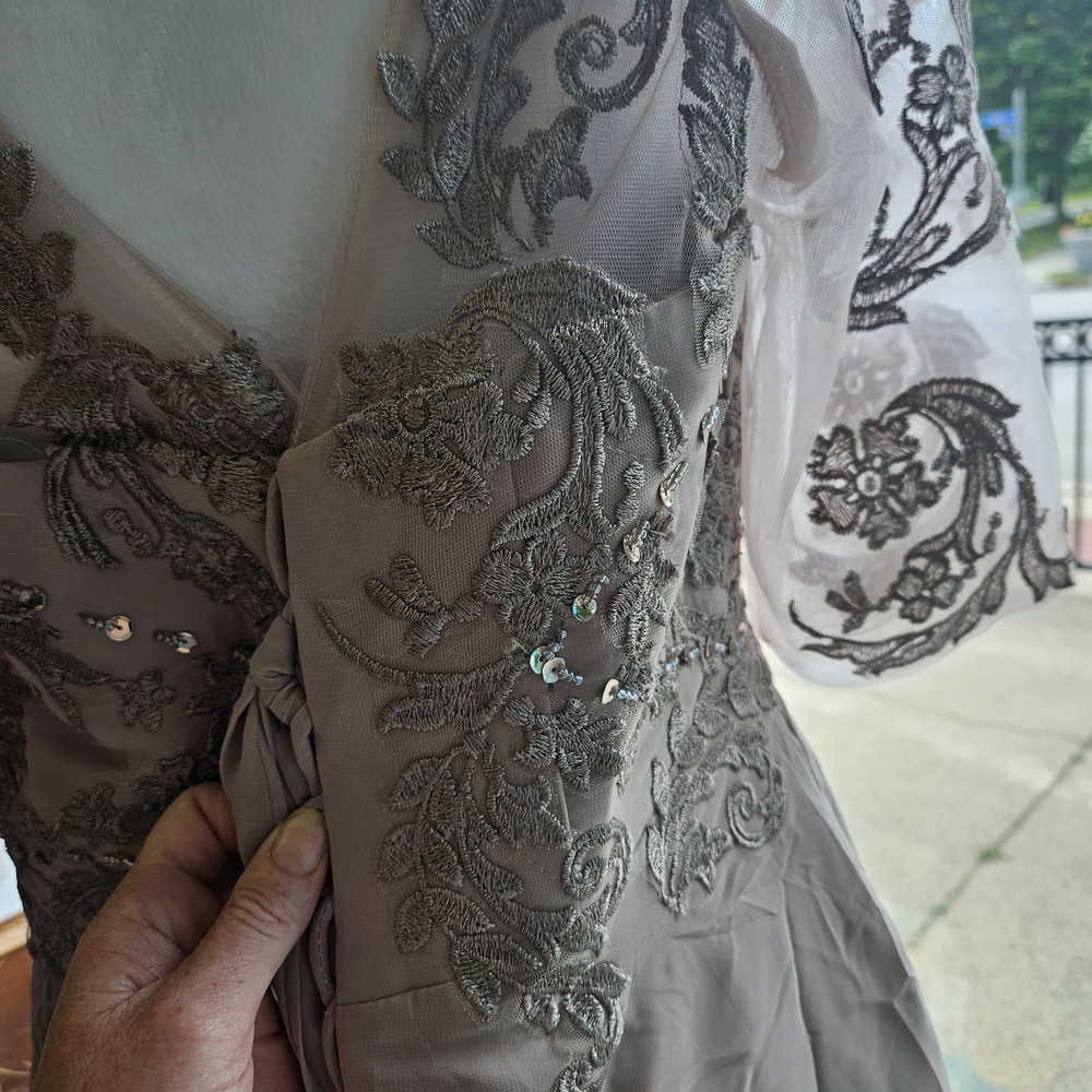 Embellished Taupe Long Sleeve Evening Gown - Picture 6 of 8